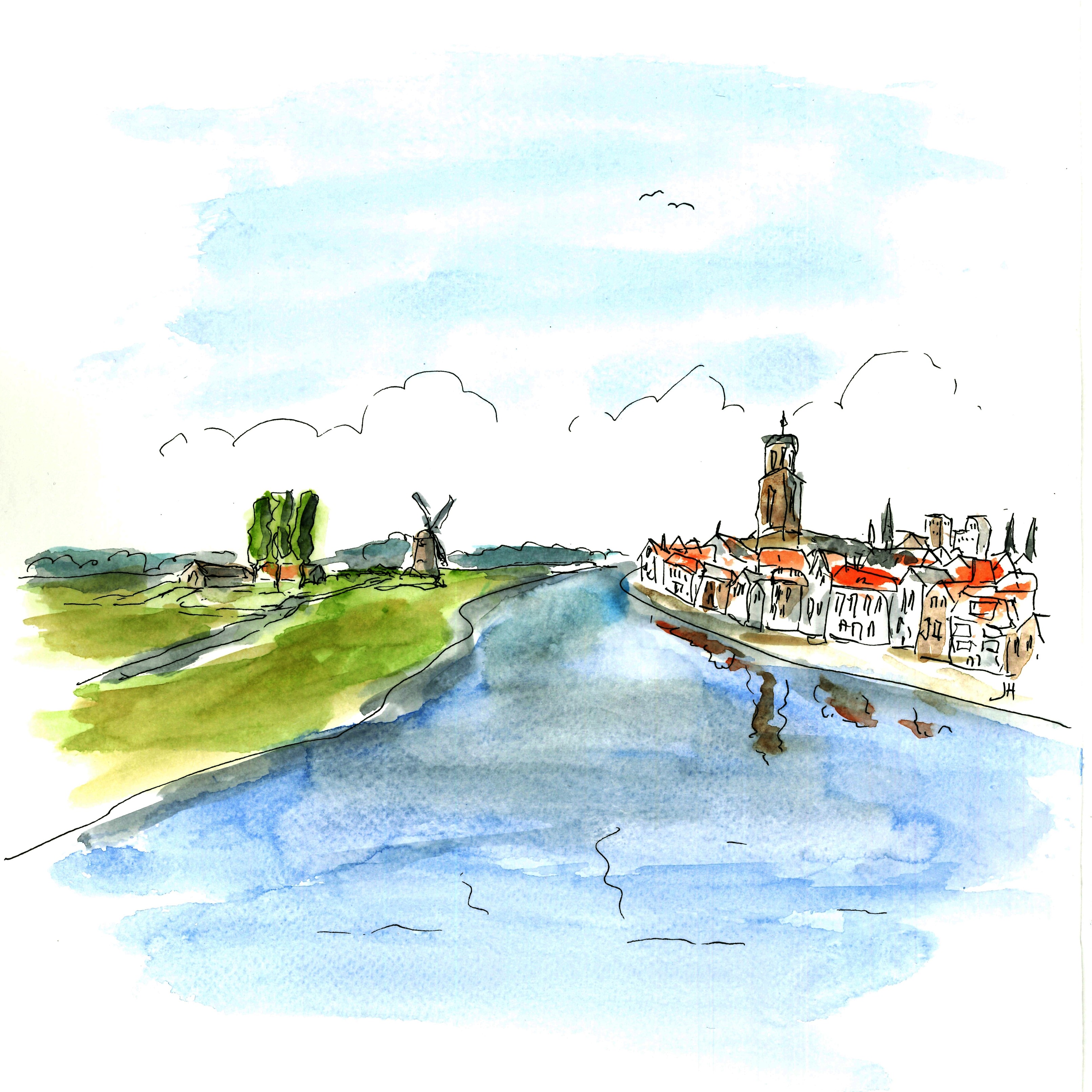Watercolor illustration of a Dutch river town, with rural countryside and a windmill on one side and an urban skyline on the other